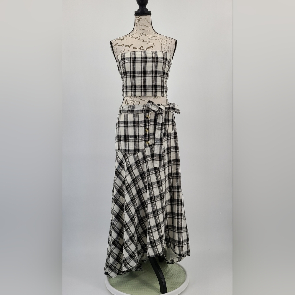 Free People 100% Cotton Black And White Plaid Skirt Set Size Large